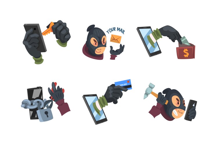 Masked hacker hacking devices for stealing data vector image