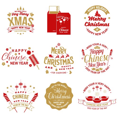 Chinese New Year & Christmas Retro Festive Set Vector Image