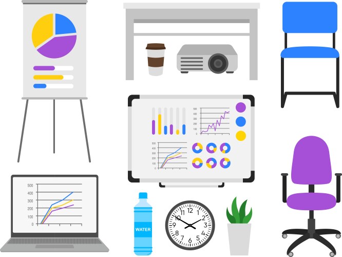 Office workplaces scenes icons Royalty Free Vector Image