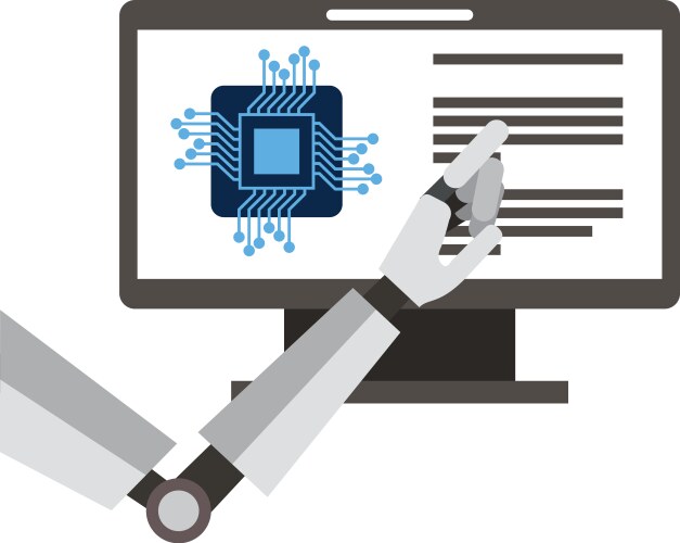 Monitor computer with processor and robot hand vector image