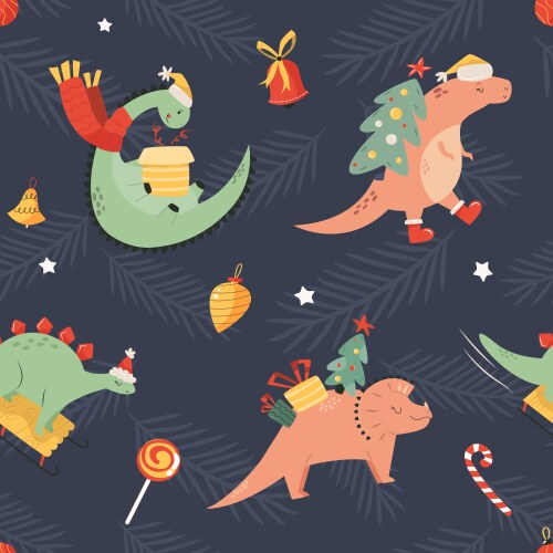 Holiday Dino Pattern - Festive & Cute Vector Image