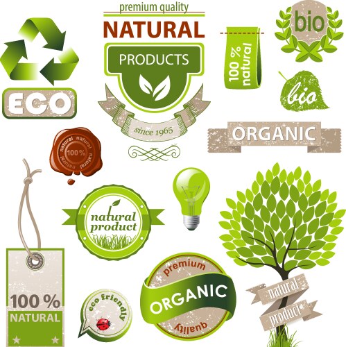 Organic food labels eco and bio natural products Vector Image