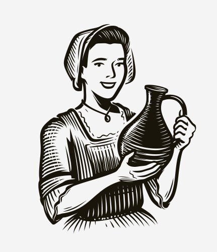 girl with jug wine alcoholic drink sketch vector