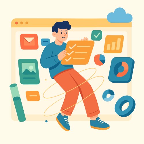 Man reviewing task list on digital interface vector image