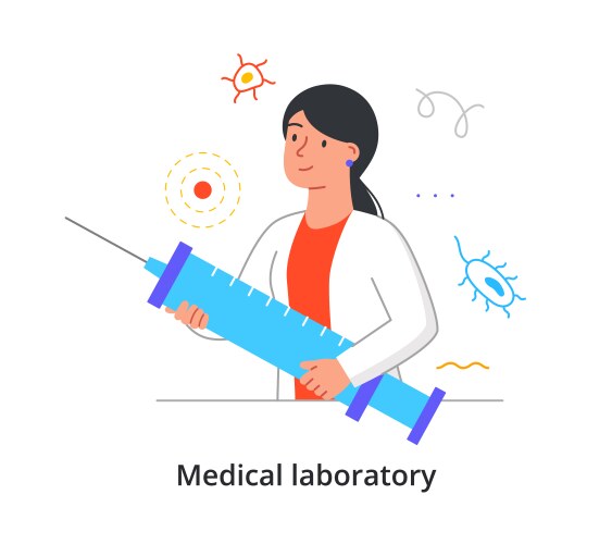 Cheerful female scientist is holding big syringe Vector Image