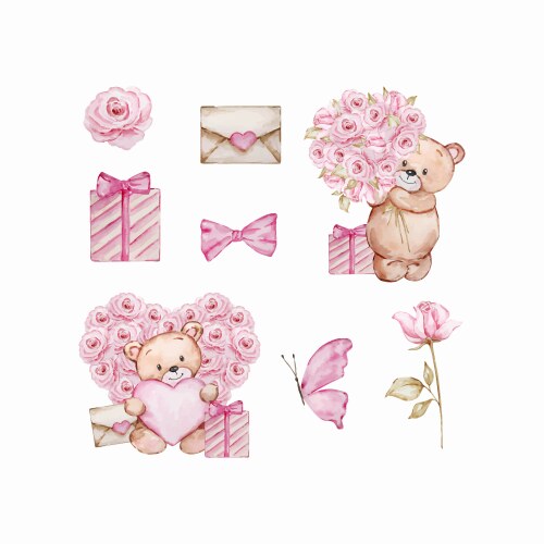 Watercolor valentines day cute teddy bear Vector Image