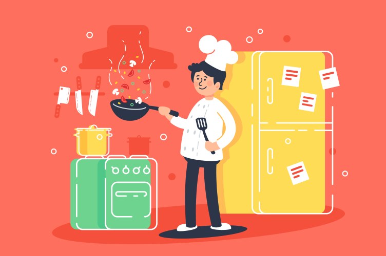 Flat young man cooks fry in kitchen vector image