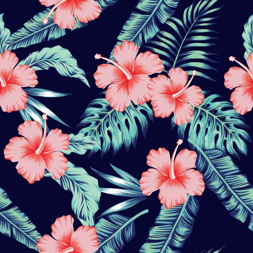 Tropical Hibiscus & Monstera Pattern Vector Image