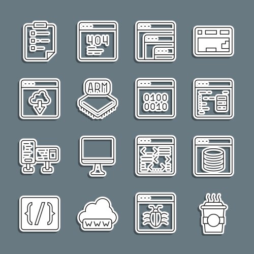 Set line coffee cup to go server data web hosting vector image