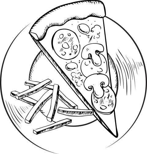 French fries and italian pepperoni pizza sketch vector image