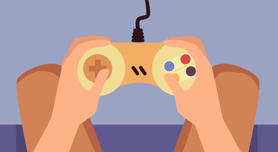 Hands hold game controller joystick console vektorbild