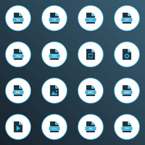 Types icons colored set with programming language vector image