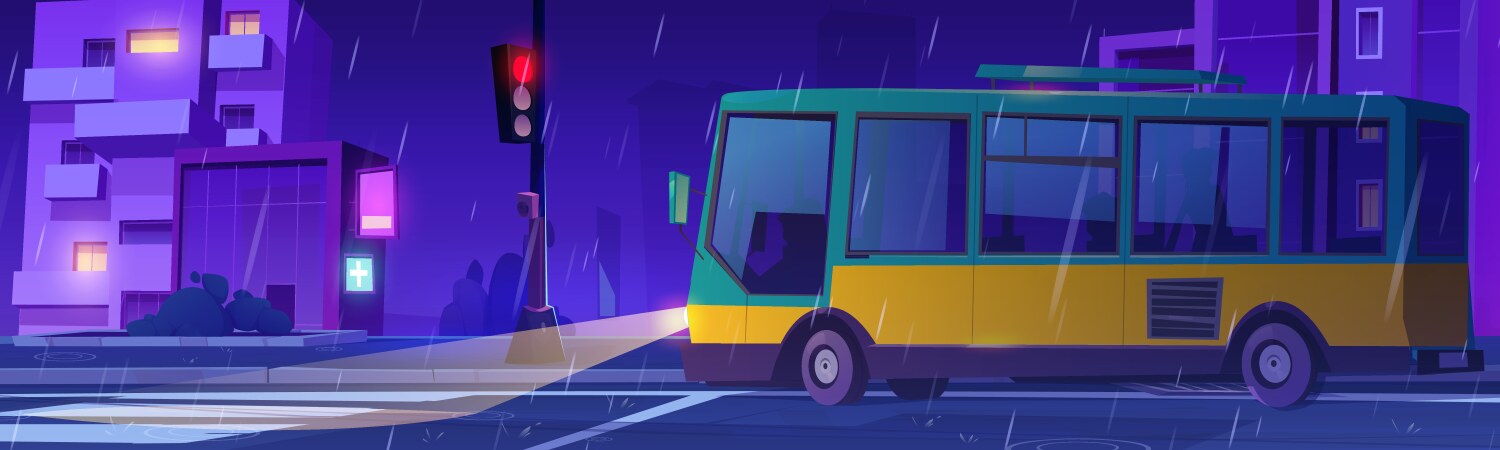 night rain on city street bus stop red light vector