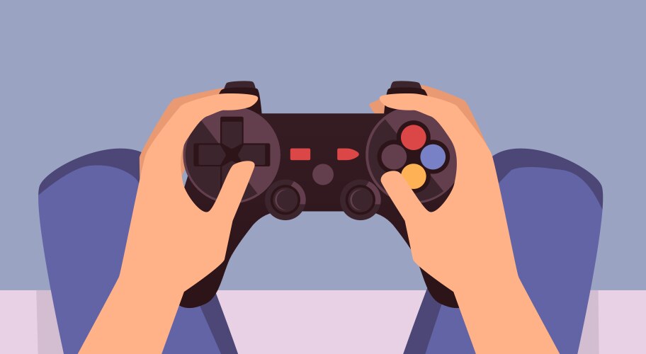 Man holding on knees hands with game controller vector image