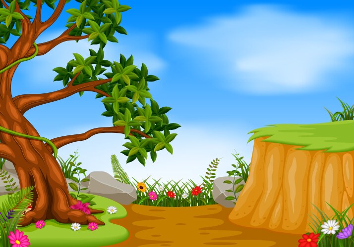 Forest scene with mountain cliff Vector Image