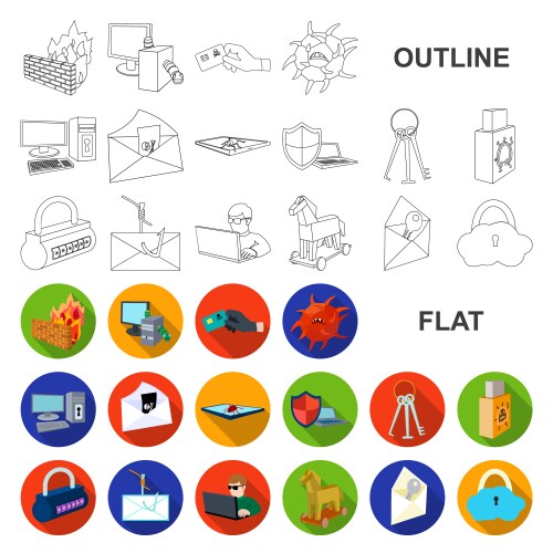 Hacker and hacking flat icons in set collection vector image