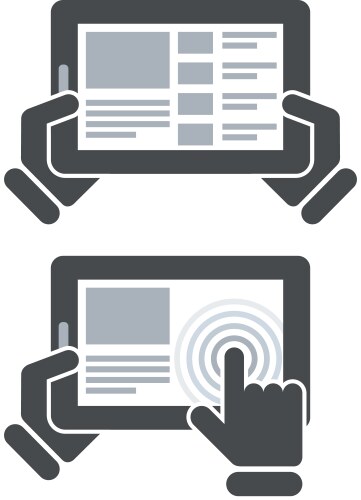 Hands holding tablet computer and open website vector image