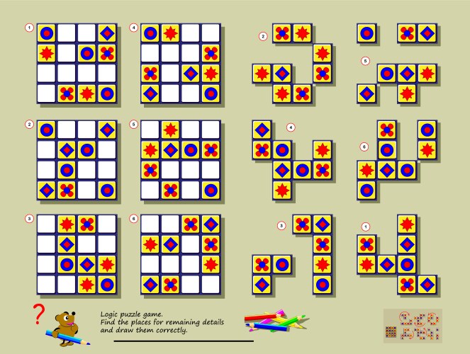 Logic puzzle game need to find correct places vector image