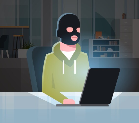 Man black mask sitting at computer hacker activity vector image