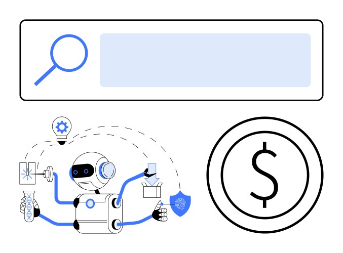 Robot automating tasks with dollar symbol while vector image
