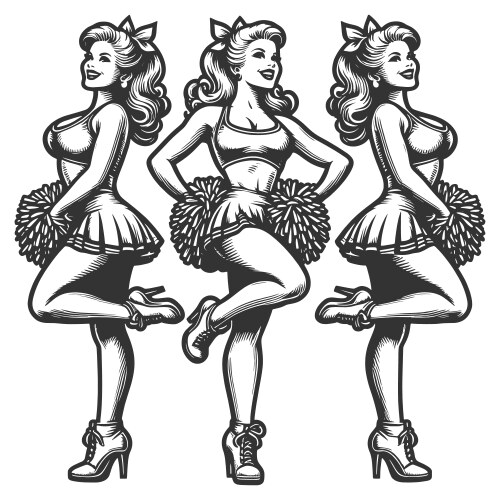 Cheerleader poses engraving Vector Image