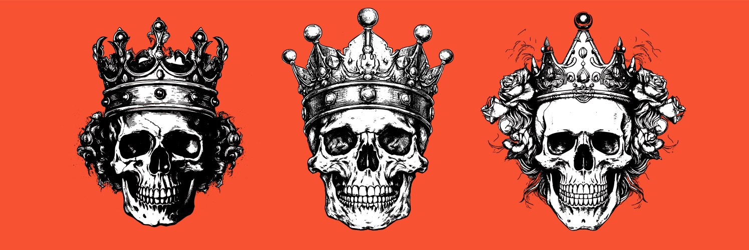 Hand drawn set portrait of a skull with crown Vector Image