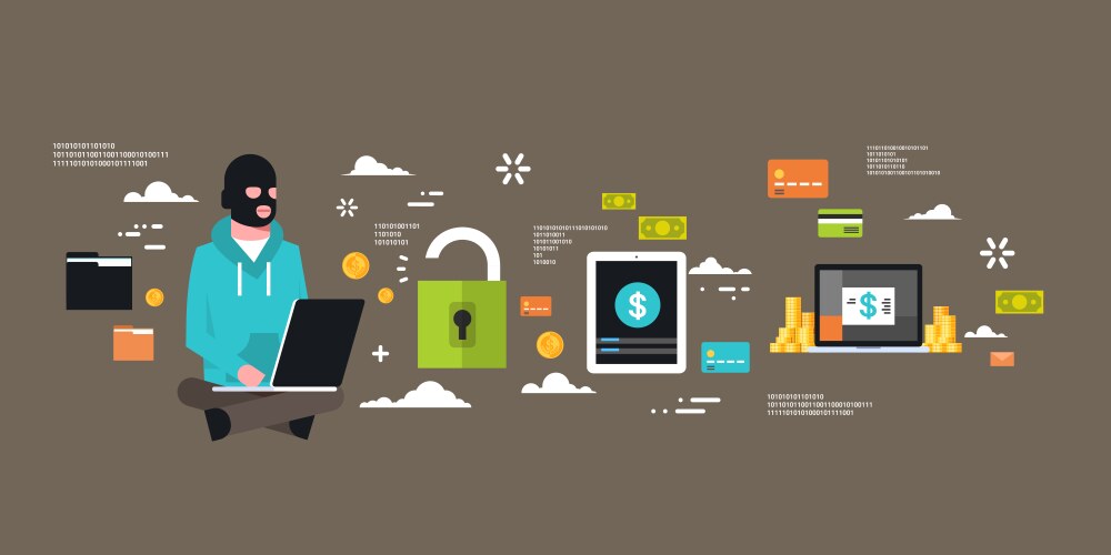 Man black mask sitting at computer hacker activity vector image