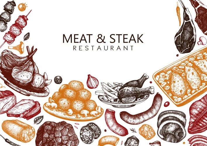 Raw meat sketches set hand drawn food on chalkboa Vector Image