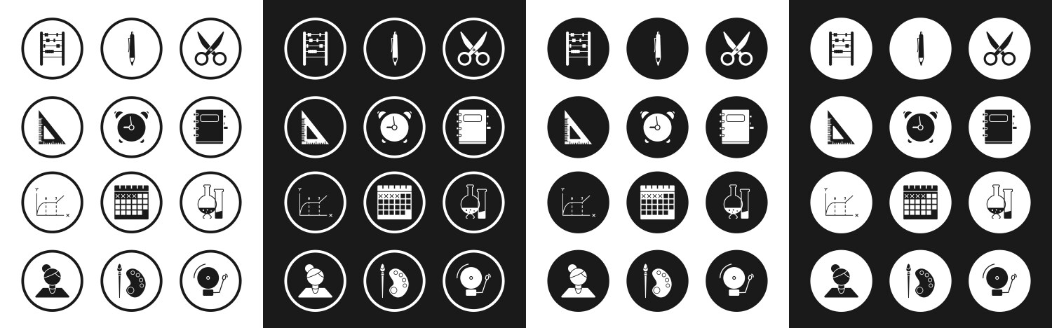 Set scissors alarm clock triangular ruler vector image