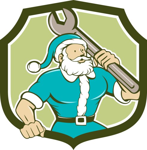 Santa claus mechanic spanner shield cartoon Vector Image
