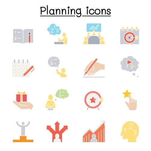 Planning strategy schedule icon set in flat color vector image