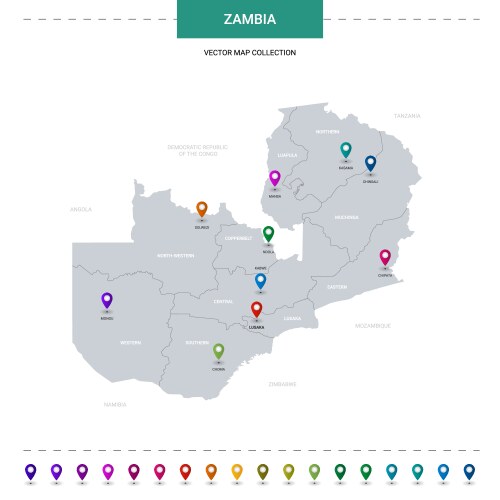 Zambia map with location pointer marks vector image