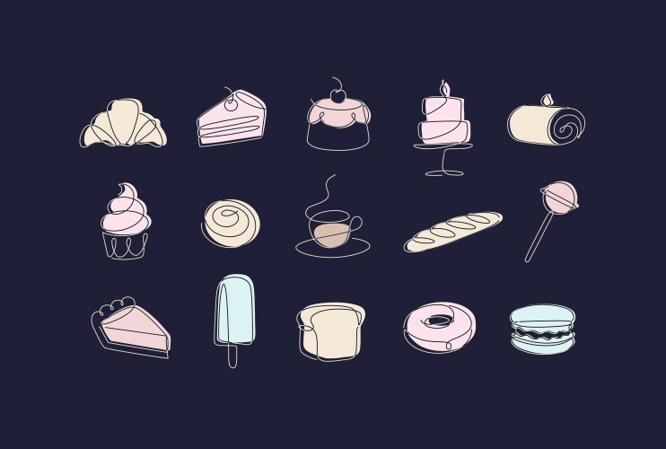 Linear dessert icons pen line style black vector image