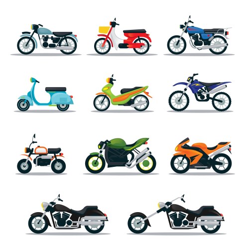 Motorcycle types objects icons set Royalty Free Vector Image