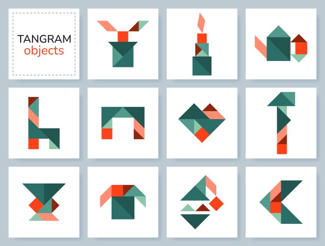 Tangram puzzle set with various objects vector image