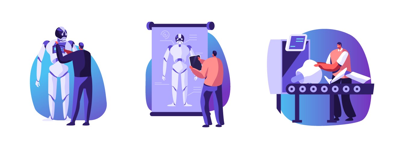 Engineers characters making and programming robots vector image