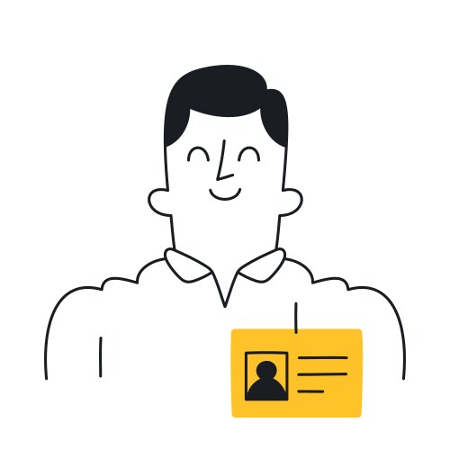 happy employee showcasing id badge - doodle style vector image