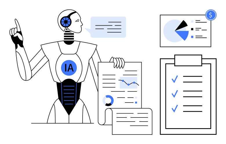 Ai robot analyzing data and reports while vector image