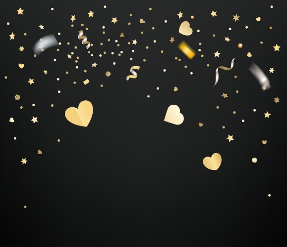 golden confetti and hearts on dark background vector