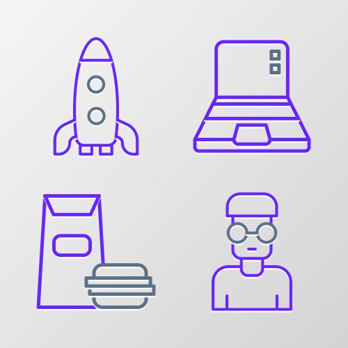 Set line nerd geek burger laptop and rocket ship vector image
