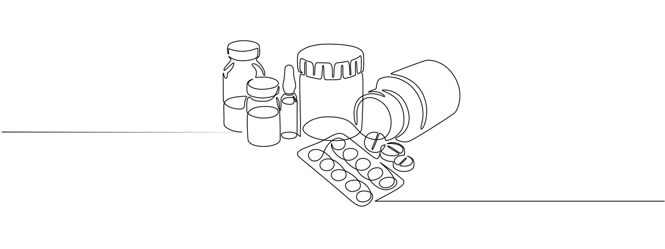 one continuous line drawing of medicine set vector