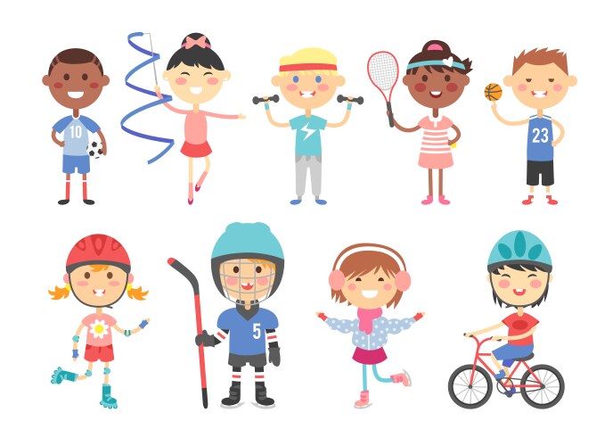 kids playing various sports games such us hockey vector image