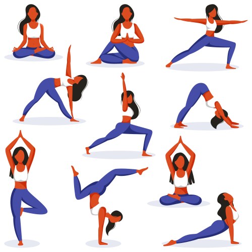Young girl doing yoga positions collection flat Vector Image