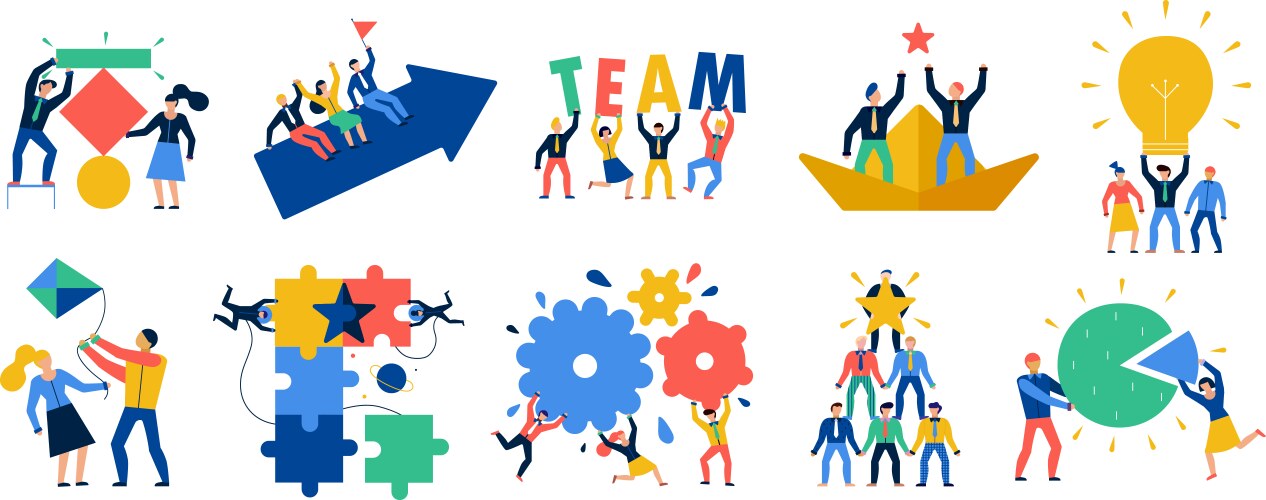 Teamwork flat colorful set Royalty Free Vector Image