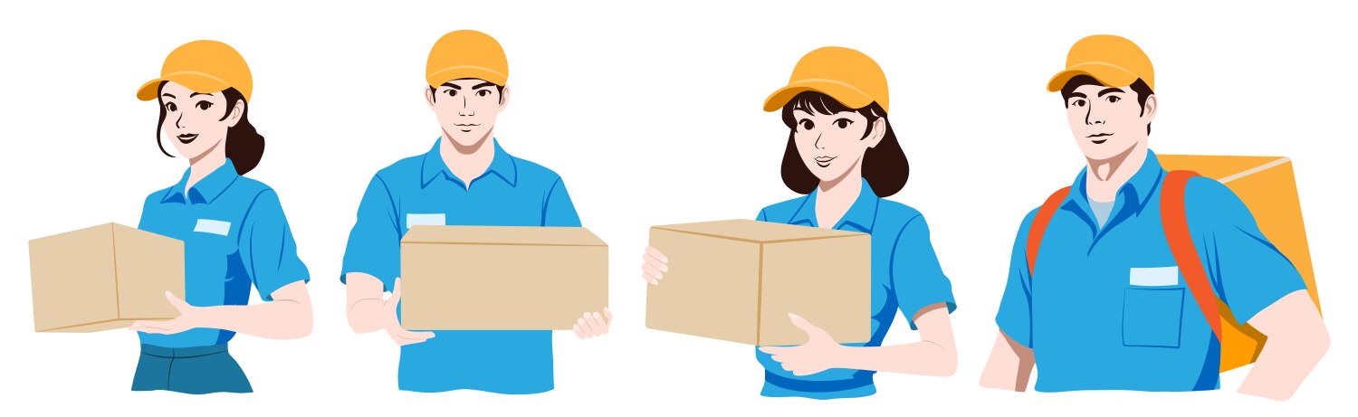 Set of couriers holding boxes vector image