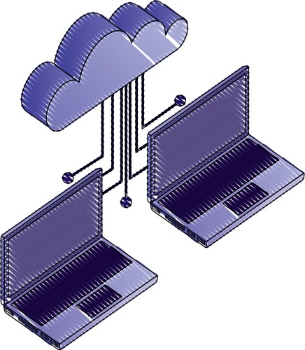 Two laptop cloud computing connected data network vector image