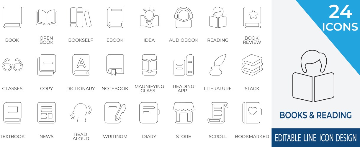 Books and reading thin line icon collection set Vector Image