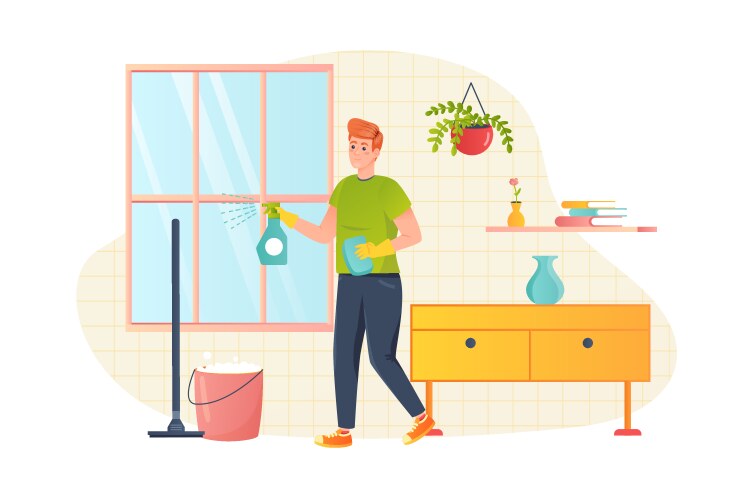 Man cleaning at home flat concept people scene vector image