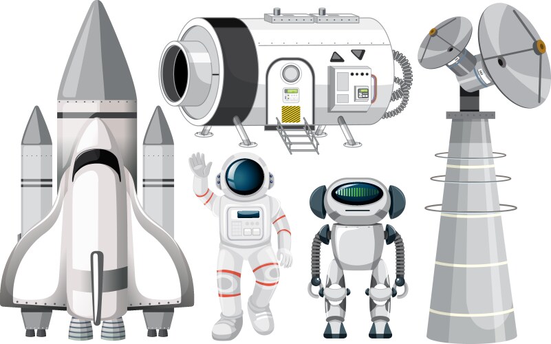 set of spaceship objects and robot vector image