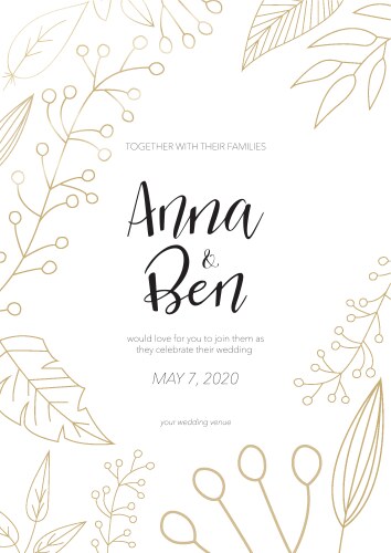 Elegant Golden Floral Wedding Invitation Vector Image